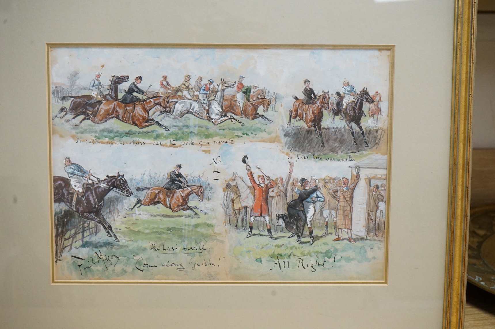 George Finch Mason (1850-1915), ‘Alas! At the Second Fence the Geisha Refused’, ‘The Last Hurdle, Come Along, Geisha!’ and one other, each signed and inscribed, set of three watercolours, 24 x 34cm